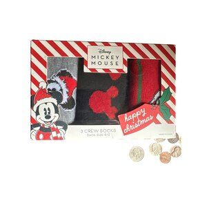 Disney Mickey Mouse Christmas Crew Socks 3-Pack Shoe Size 6-12 Polyester & Spand